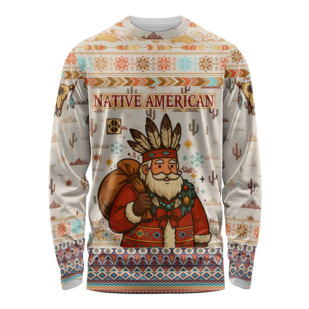 Native American Christmas Long Sleeve Shirt with Beige Tribal Pattern Santa Claus and Dreamcatcher Motif - Wonder Print Shop