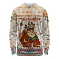 Native American Christmas Long Sleeve Shirt with Beige Tribal Pattern Santa Claus and Dreamcatcher Motif - Wonder Print Shop