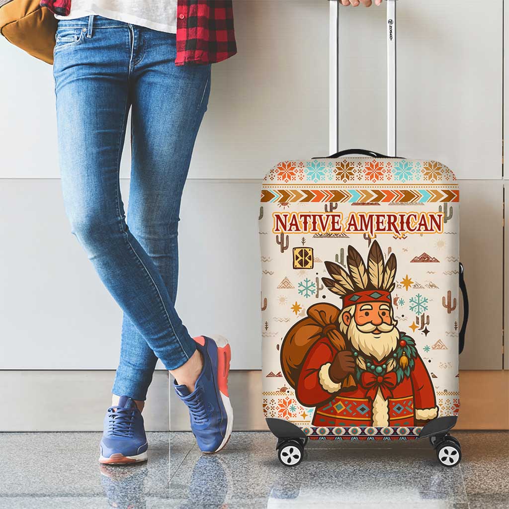Native American Christmas Luggage Cover with Beige Tribal Pattern Santa Claus and Dreamcatcher Motif - Wonder Print Shop