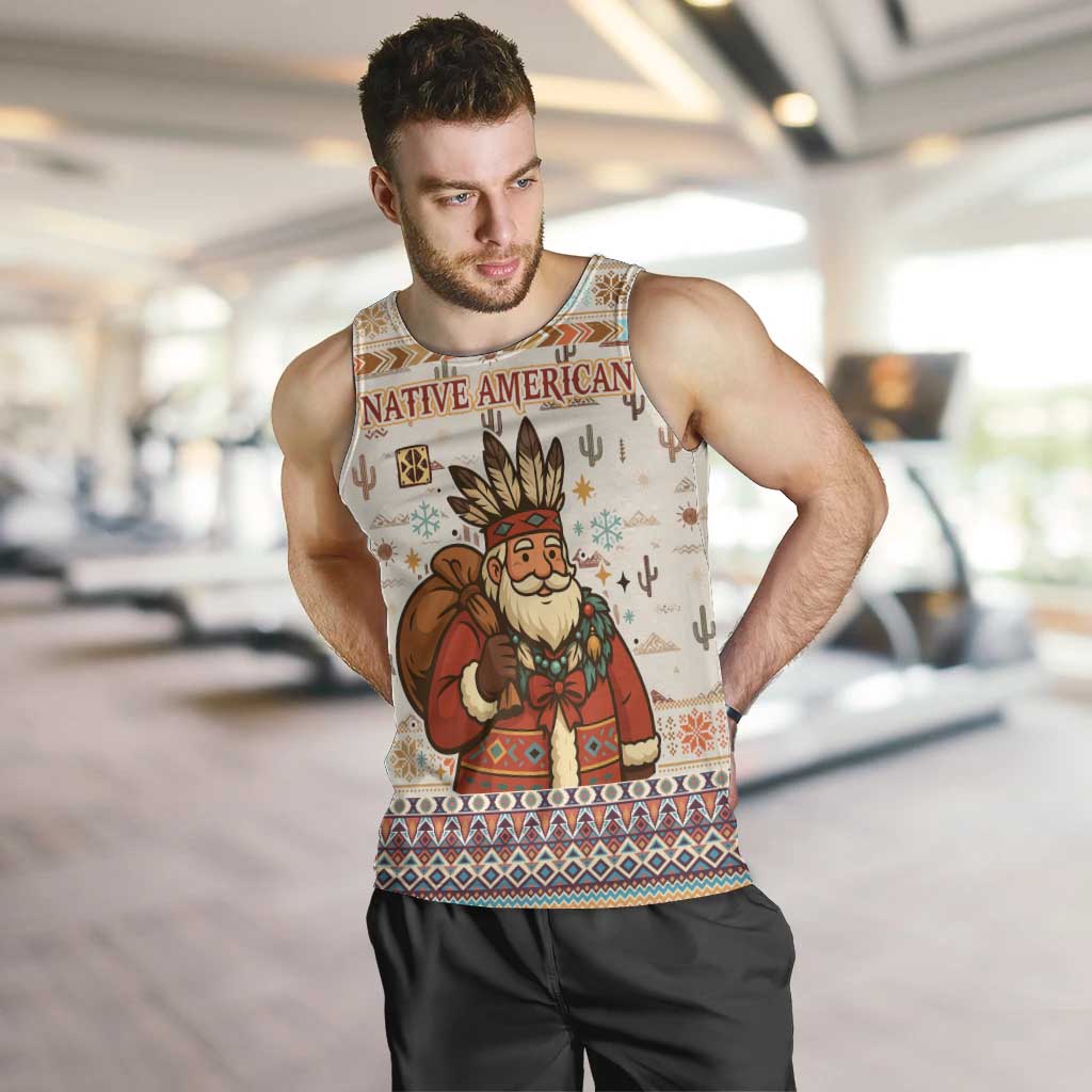 Native American Christmas Men Tank Top with Beige Tribal Pattern Santa Claus and Dreamcatcher Motif - Wonder Print Shop