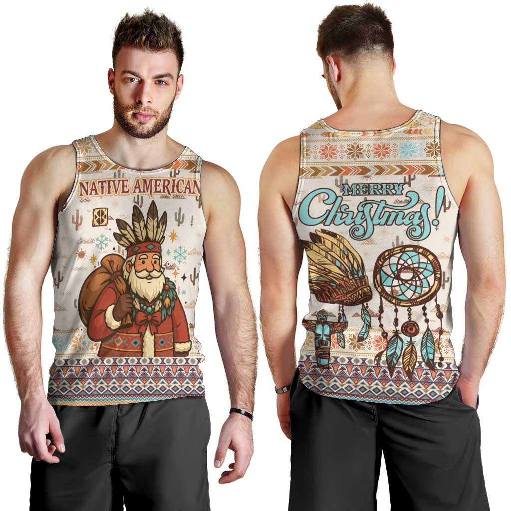 Native American Christmas Men Tank Top with Beige Tribal Pattern Santa Claus and Dreamcatcher Motif - Wonder Print Shop