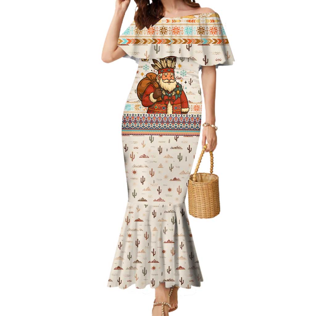 Native American Christmas Mermaid Dress with Beige Tribal Pattern Santa Claus and Dreamcatcher Motif - Wonder Print Shop