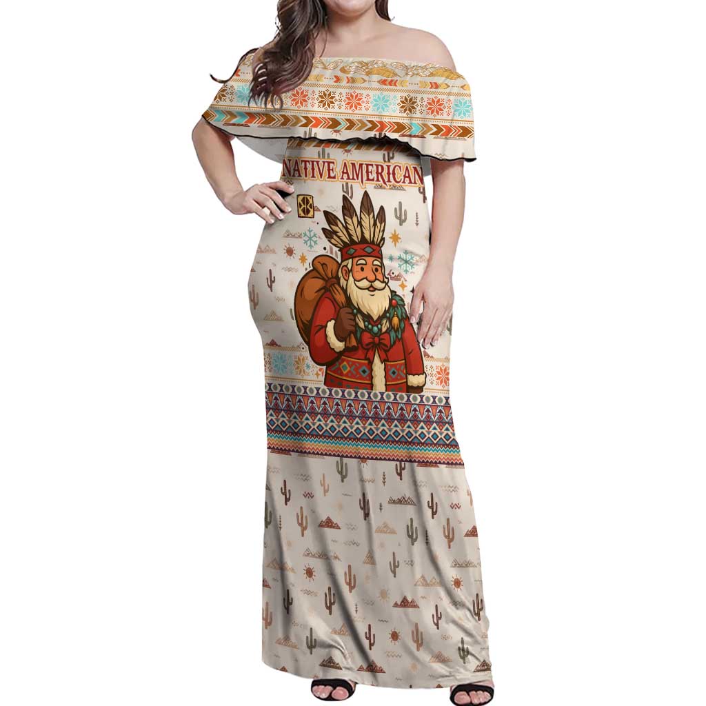 Native American Christmas Off Shoulder Maxi Dress with Beige Tribal Pattern Santa Claus and Dreamcatcher Motif - Wonder Print Shop