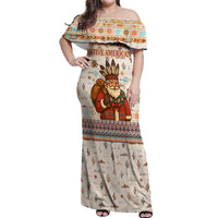 Native American Christmas Off Shoulder Maxi Dress with Beige Tribal Pattern Santa Claus and Dreamcatcher Motif - Wonder Print Shop