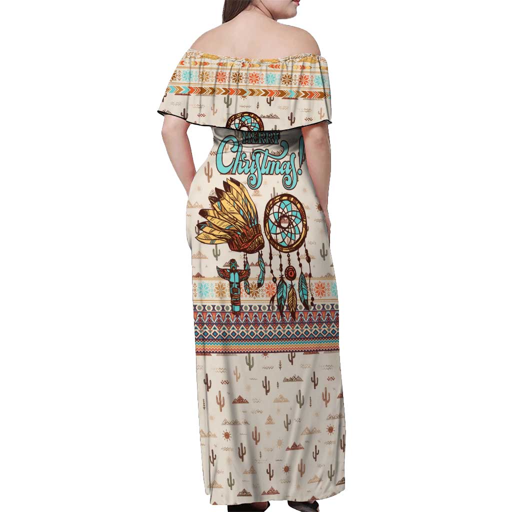 Native American Christmas Off Shoulder Maxi Dress with Beige Tribal Pattern Santa Claus and Dreamcatcher Motif - Wonder Print Shop