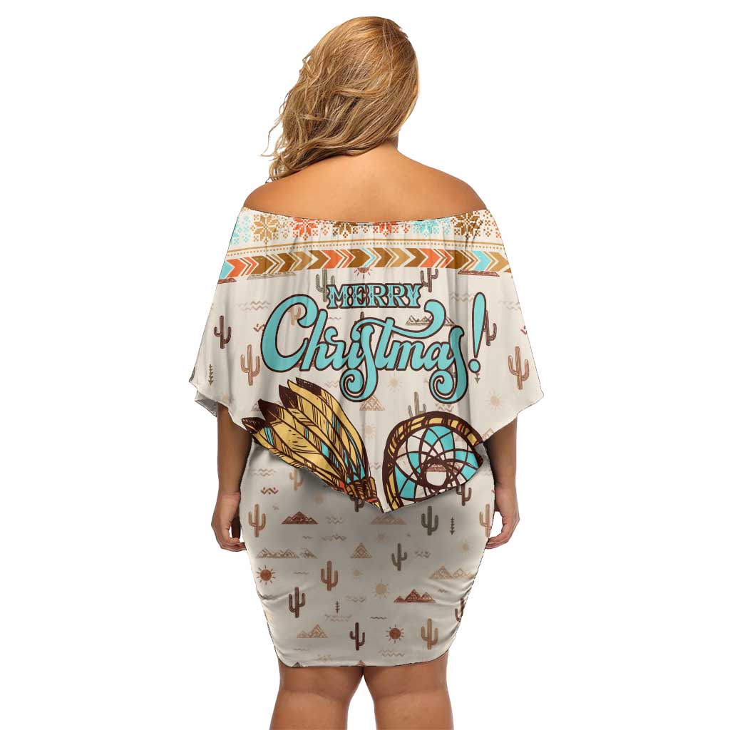 Native American Christmas Off Shoulder Short Dress with Beige Tribal Pattern Santa Claus and Dreamcatcher Motif - Wonder Print Shop