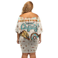 Native American Christmas Off Shoulder Short Dress with Beige Tribal Pattern Santa Claus and Dreamcatcher Motif - Wonder Print Shop