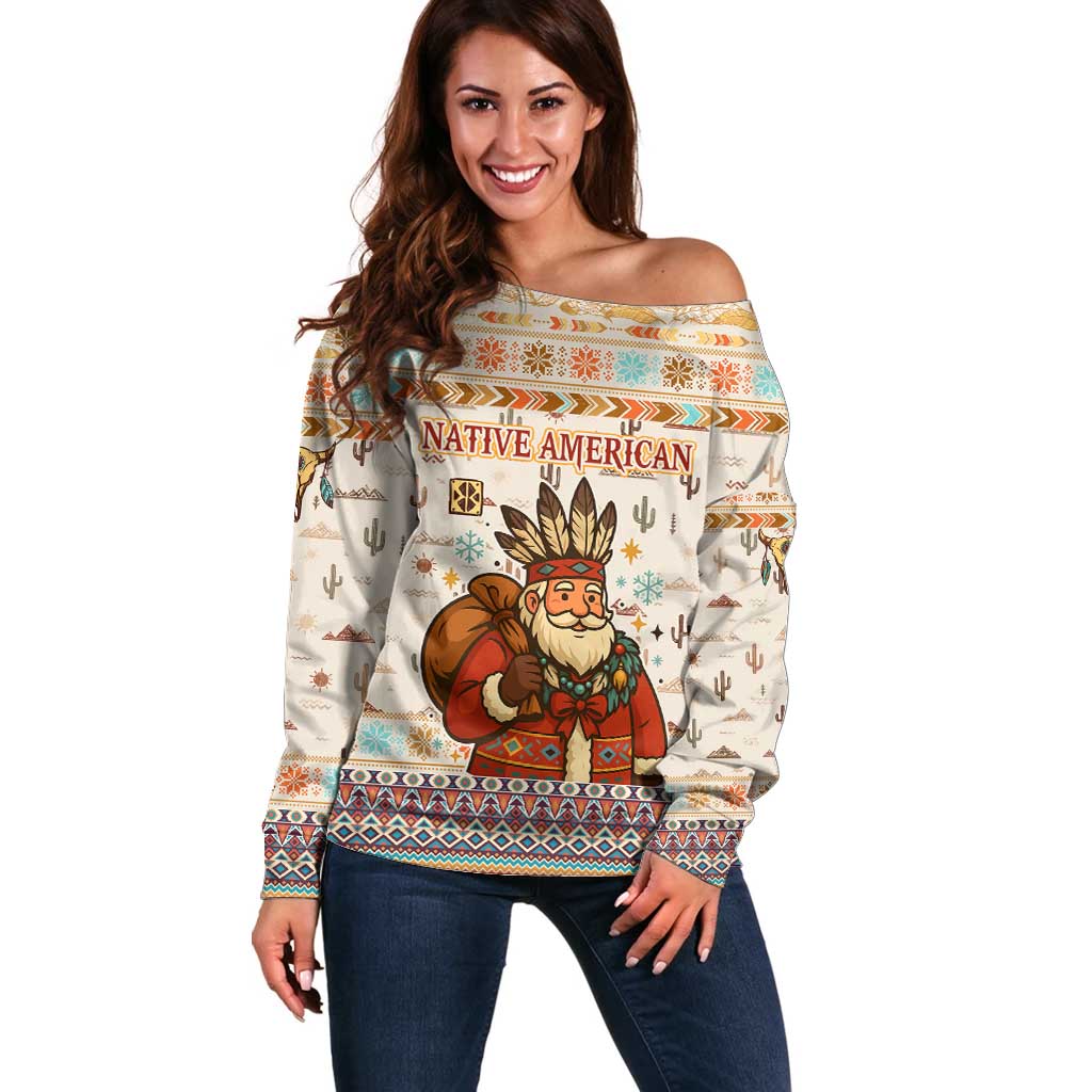 Native American Christmas Off Shoulder Sweater with Beige Tribal Pattern Santa Claus and Dreamcatcher Motif - Wonder Print Shop