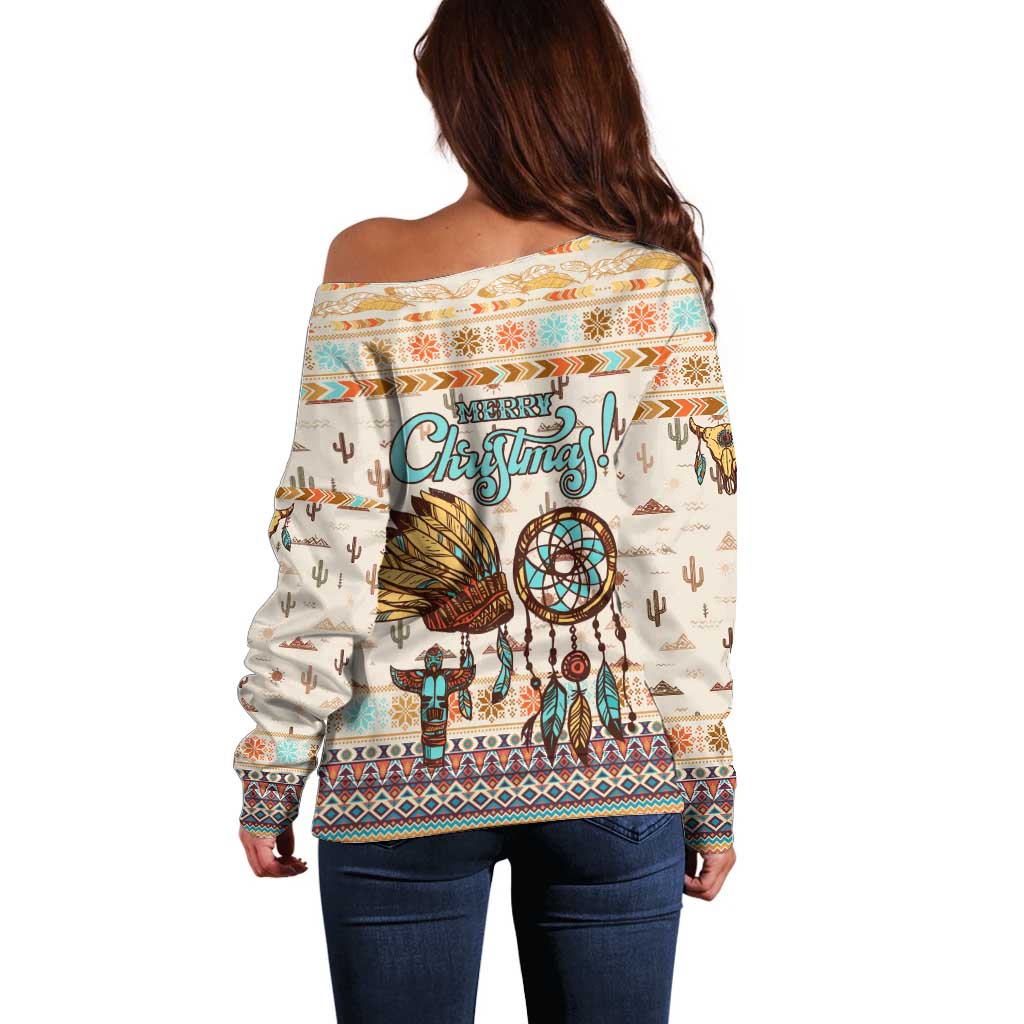 Native American Christmas Off Shoulder Sweater with Beige Tribal Pattern Santa Claus and Dreamcatcher Motif - Wonder Print Shop