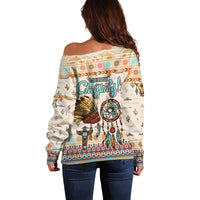 Native American Christmas Off Shoulder Sweater with Beige Tribal Pattern Santa Claus and Dreamcatcher Motif - Wonder Print Shop