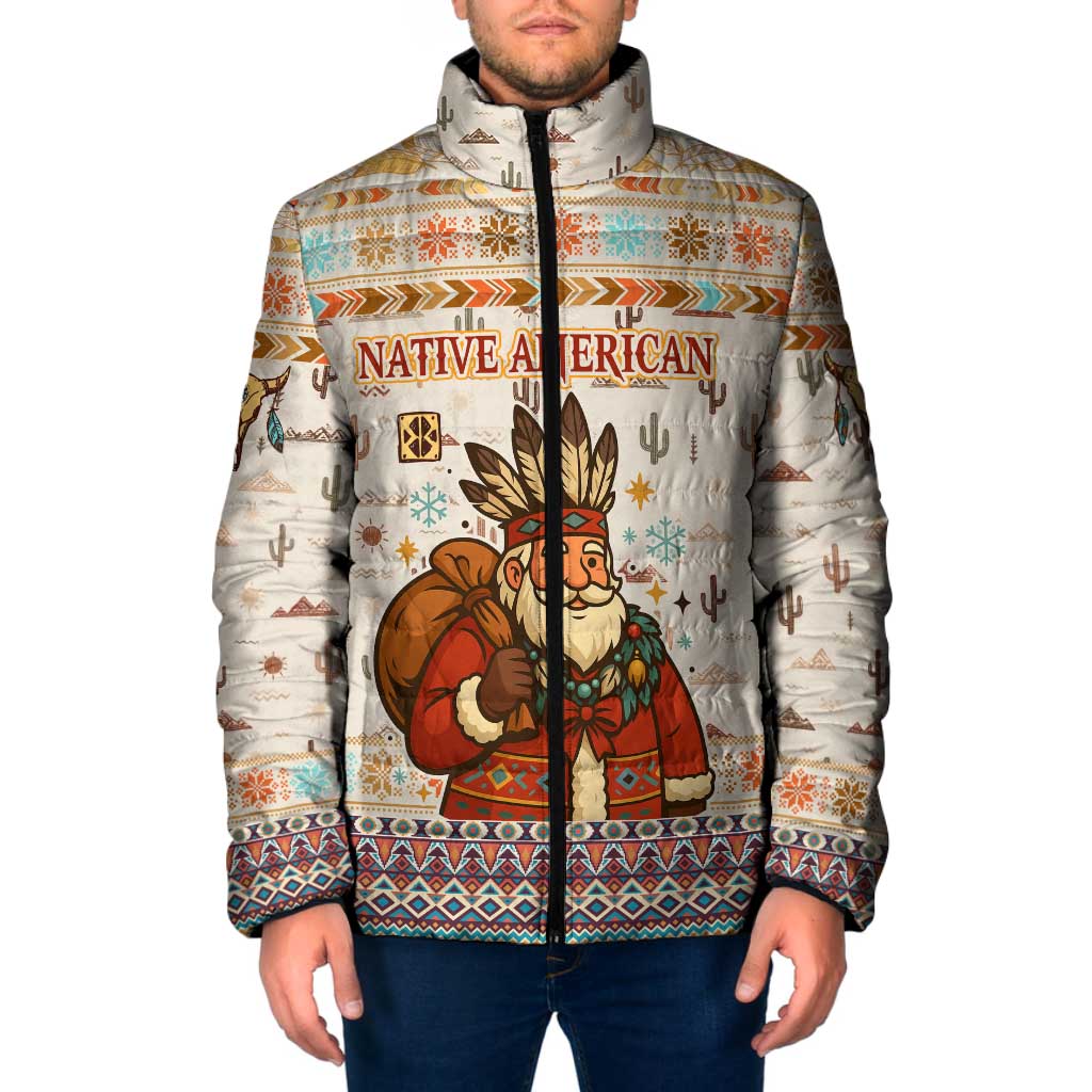 Native American Christmas Padded Jacket with Beige Tribal Pattern Santa Claus and Dreamcatcher Motif - Wonder Print Shop
