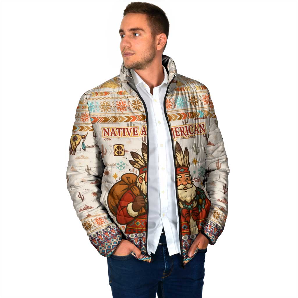 Native American Christmas Padded Jacket with Beige Tribal Pattern Santa Claus and Dreamcatcher Motif - Wonder Print Shop