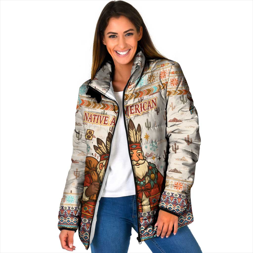 Native American Christmas Padded Jacket with Beige Tribal Pattern Santa Claus and Dreamcatcher Motif - Wonder Print Shop