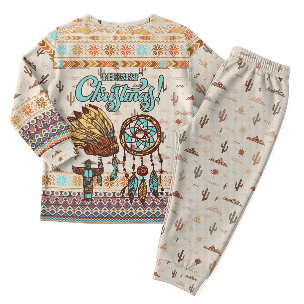 Native American Christmas Pajama Set with Beige Tribal Pattern Santa Claus and Dreamcatcher Motif - Wonder Print Shop