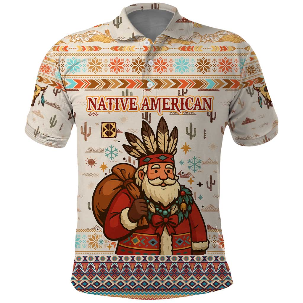 Native American Christmas Polo Shirt with Beige Tribal Pattern Santa Claus and Dreamcatcher Motif - Wonder Print Shop