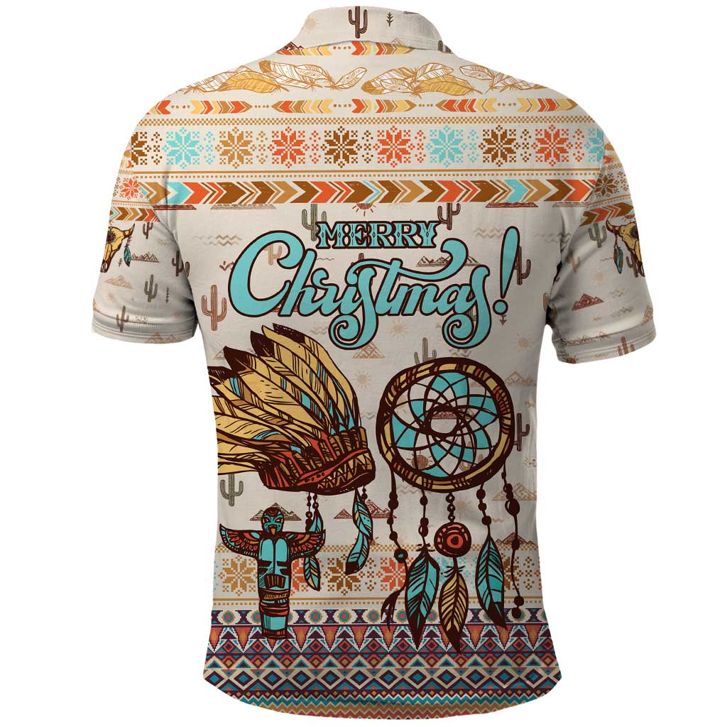 Native American Christmas Polo Shirt with Beige Tribal Pattern Santa Claus and Dreamcatcher Motif - Wonder Print Shop