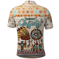 Native American Christmas Polo Shirt with Beige Tribal Pattern Santa Claus and Dreamcatcher Motif - Wonder Print Shop