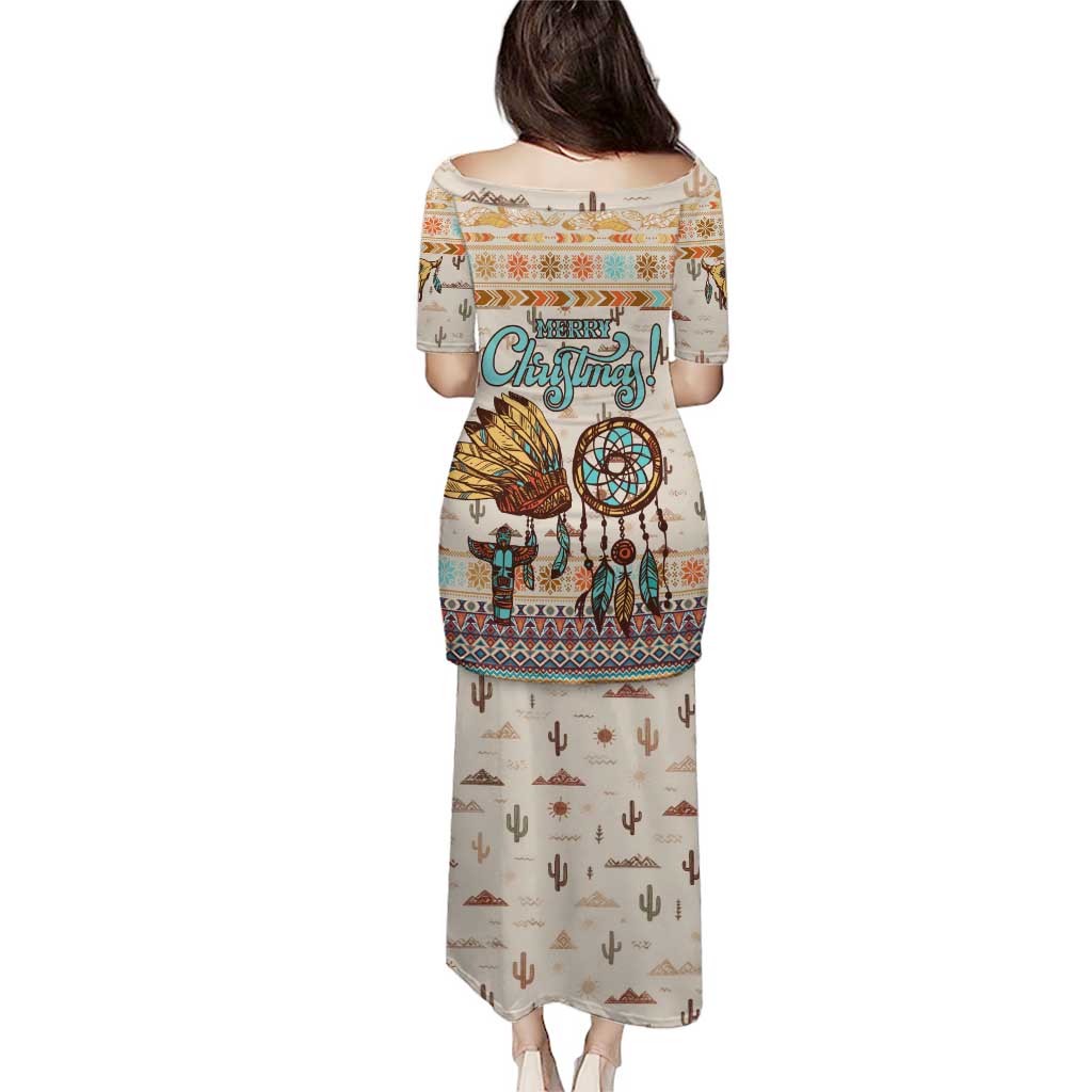 Native American Christmas Puletasi with Beige Tribal Pattern Santa Claus and Dreamcatcher Motif - Wonder Print Shop