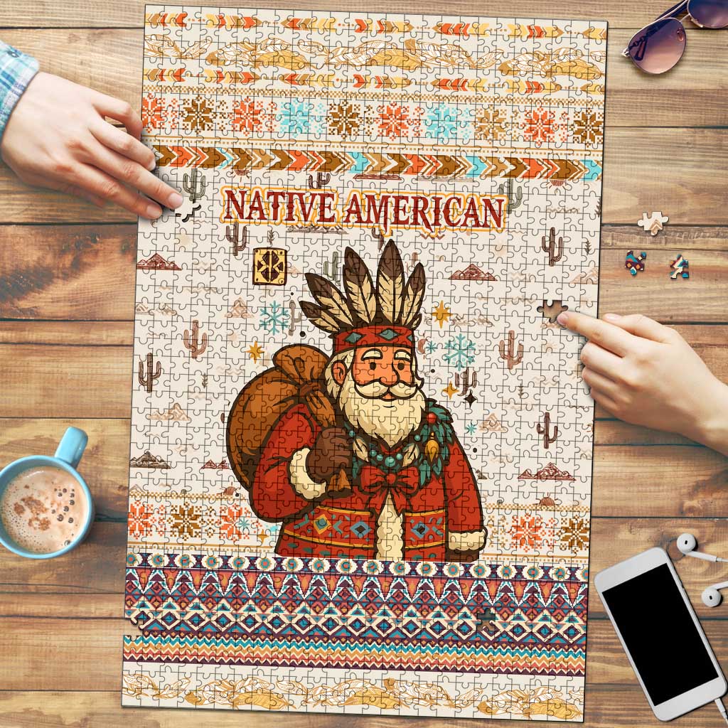 Native American Christmas Puzzle with Beige Tribal Pattern Santa Claus and Dreamcatcher Motif - Wonder Print Shop
