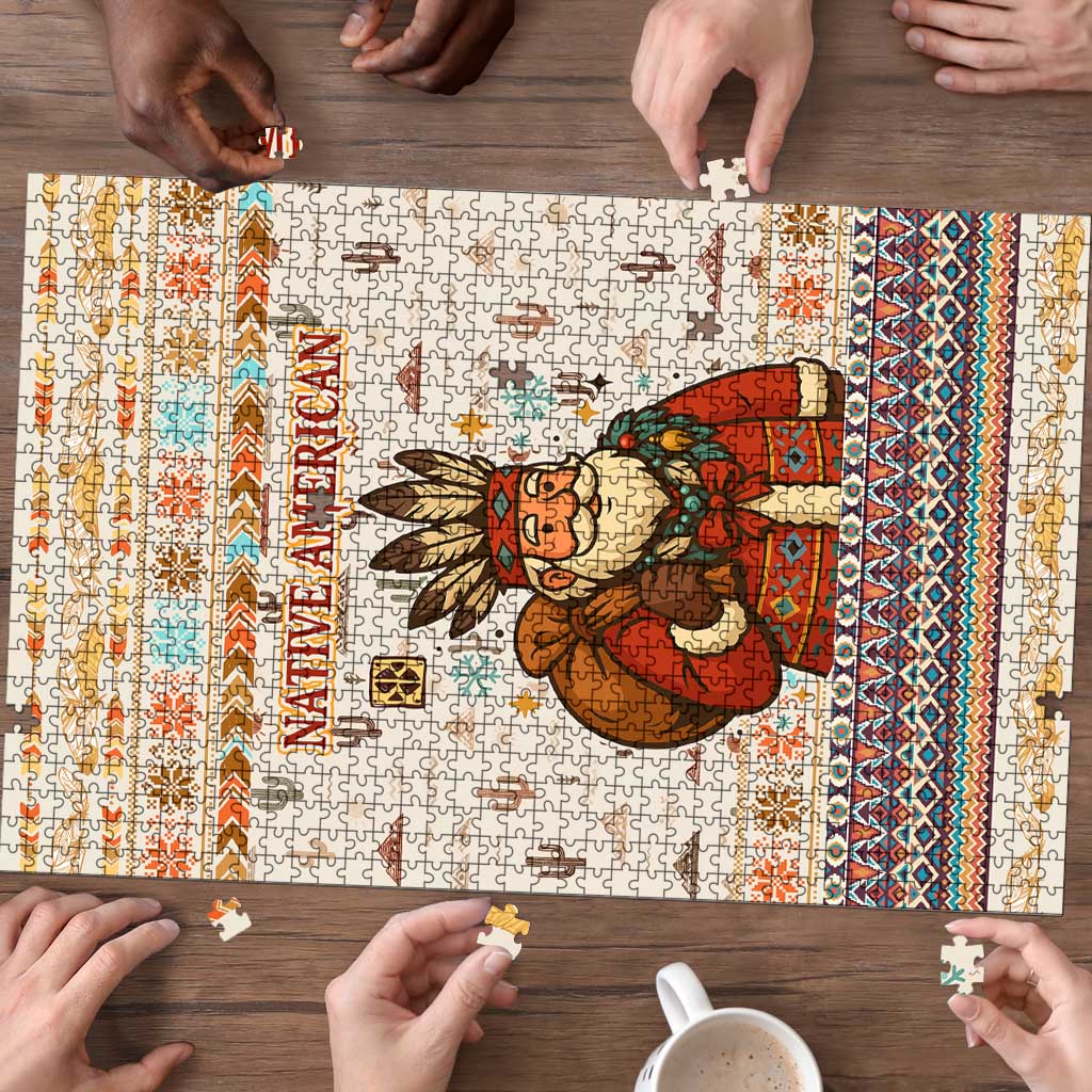 Native American Christmas Puzzle with Beige Tribal Pattern Santa Claus and Dreamcatcher Motif - Wonder Print Shop