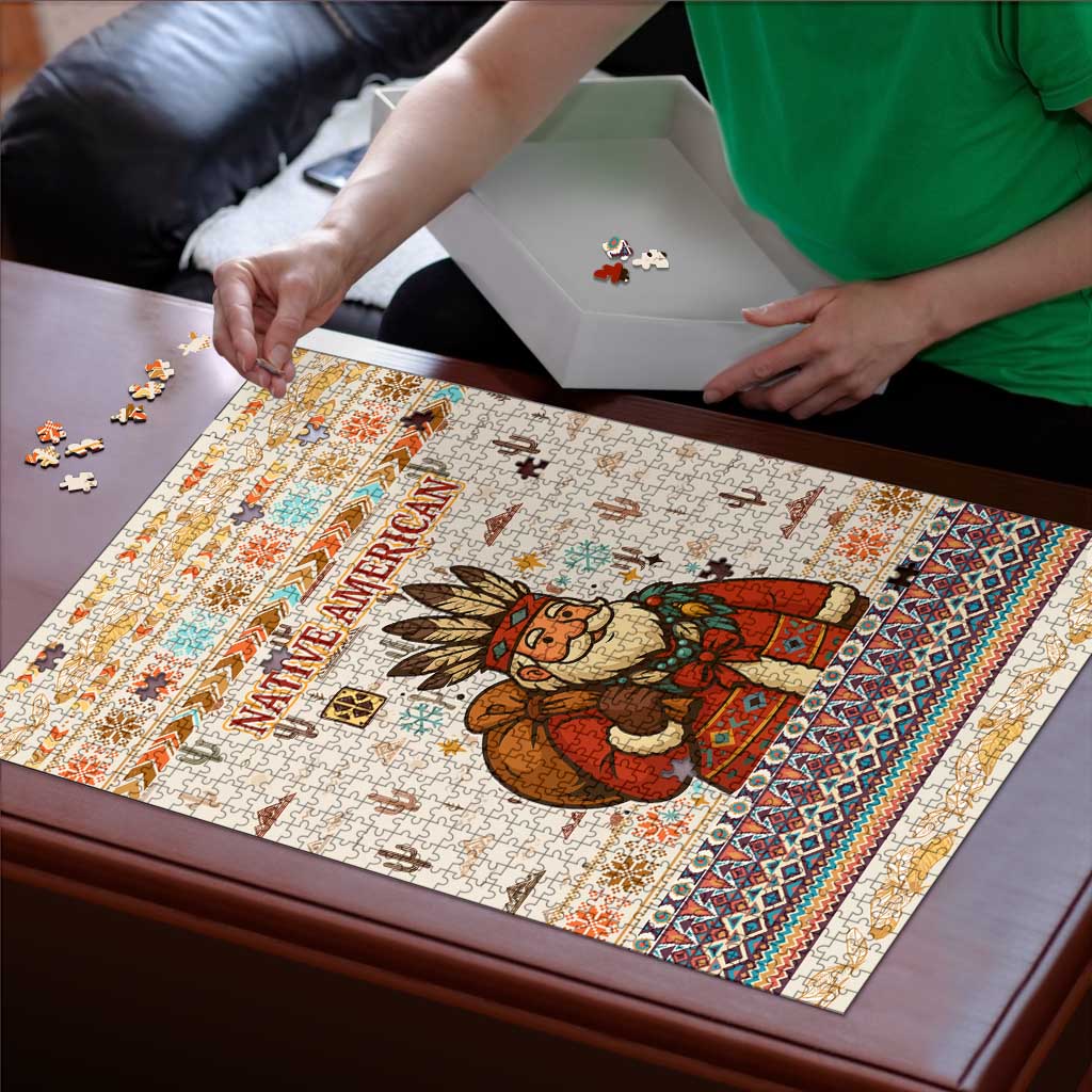 Native American Christmas Puzzle with Beige Tribal Pattern Santa Claus and Dreamcatcher Motif - Wonder Print Shop