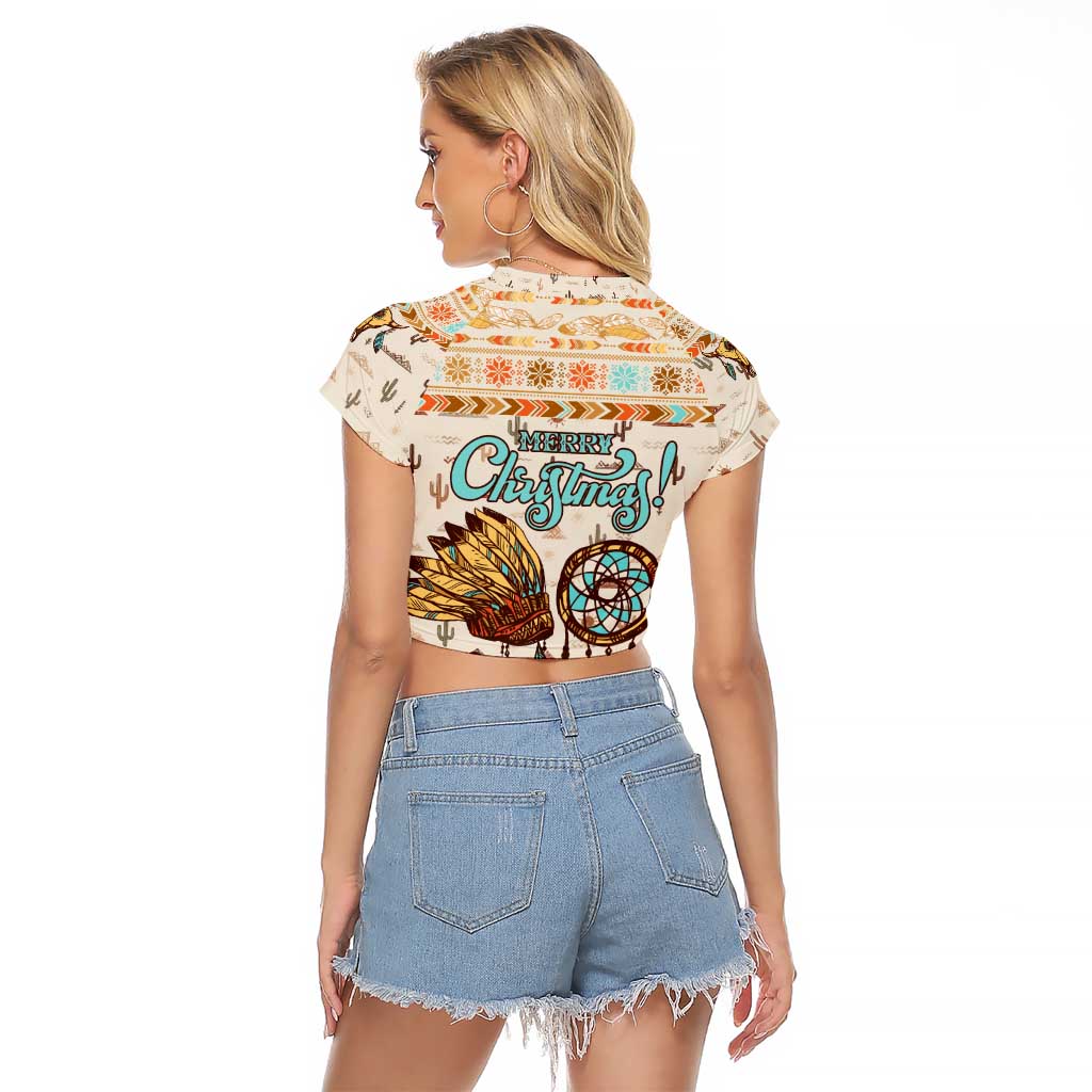 Native American Christmas Raglan Cropped T Shirt with Beige Tribal Pattern Santa Claus and Dreamcatcher Motif - Wonder Print Shop