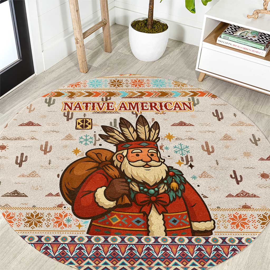 Native American Christmas Round Carpet with Beige Tribal Pattern Santa Claus and Dreamcatcher Motif - Wonder Print Shop