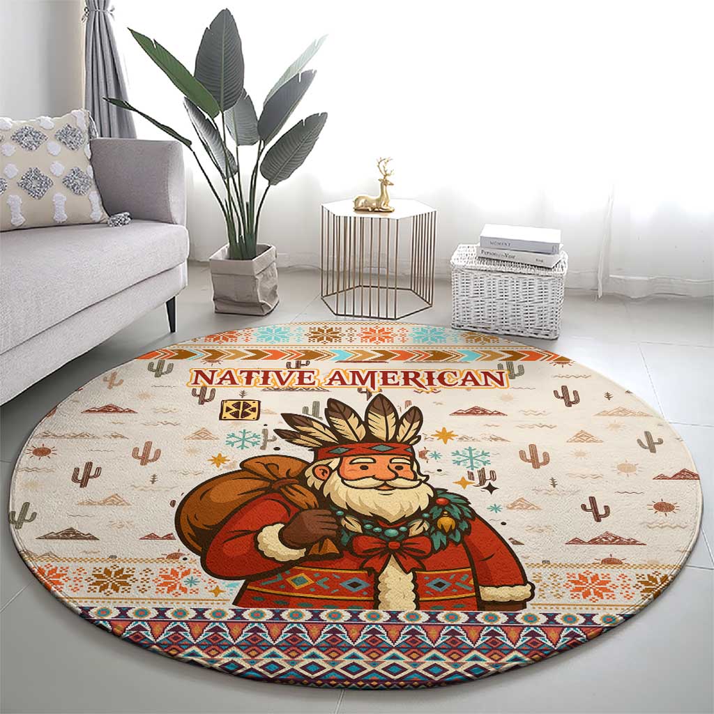 Native American Christmas Round Carpet with Beige Tribal Pattern Santa Claus and Dreamcatcher Motif - Wonder Print Shop
