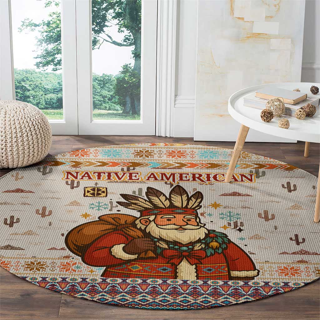 Native American Christmas Round Carpet with Beige Tribal Pattern Santa Claus and Dreamcatcher Motif - Wonder Print Shop