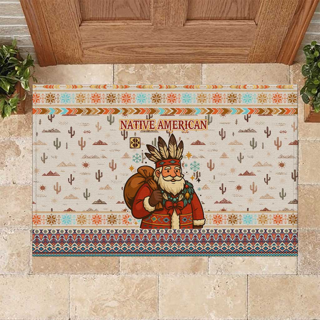 Native American Christmas Rubber Doormat with Beige Tribal Pattern Santa Claus and Dreamcatcher Motif - Wonder Print Shop