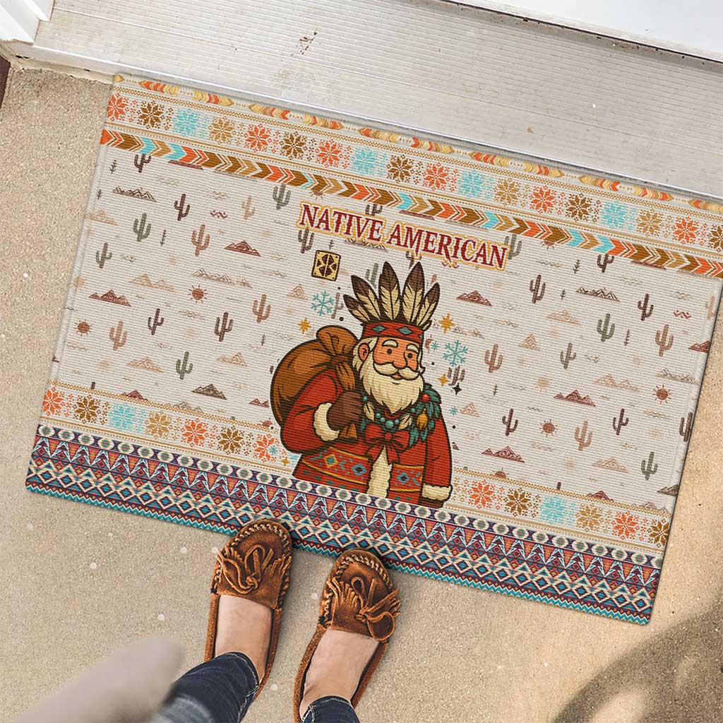 Native American Christmas Rubber Doormat with Beige Tribal Pattern Santa Claus and Dreamcatcher Motif - Wonder Print Shop