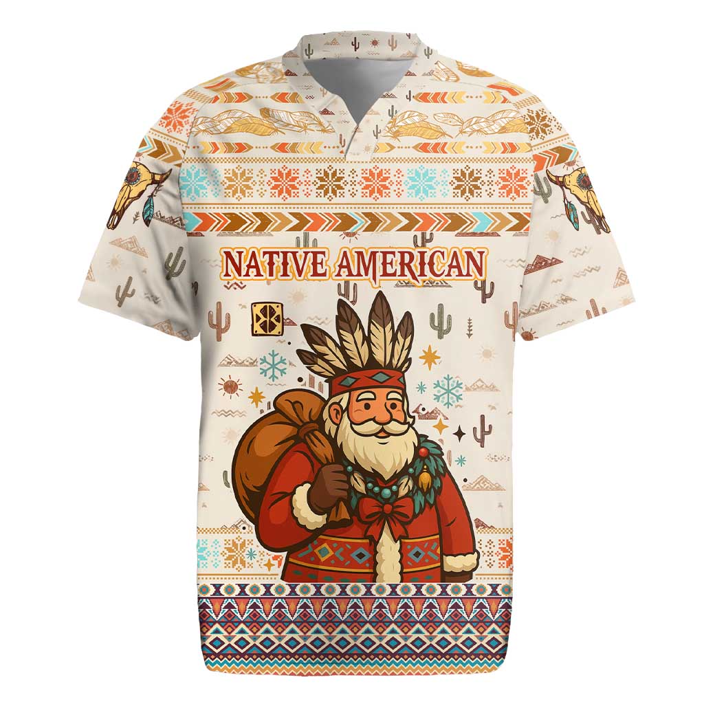 Native American Christmas Rugby Jersey with Beige Tribal Pattern Santa Claus and Dreamcatcher Motif - Wonder Print Shop