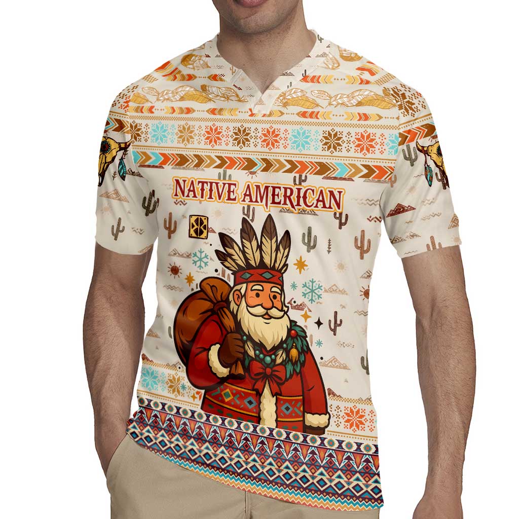 Native American Christmas Rugby Jersey with Beige Tribal Pattern Santa Claus and Dreamcatcher Motif - Wonder Print Shop
