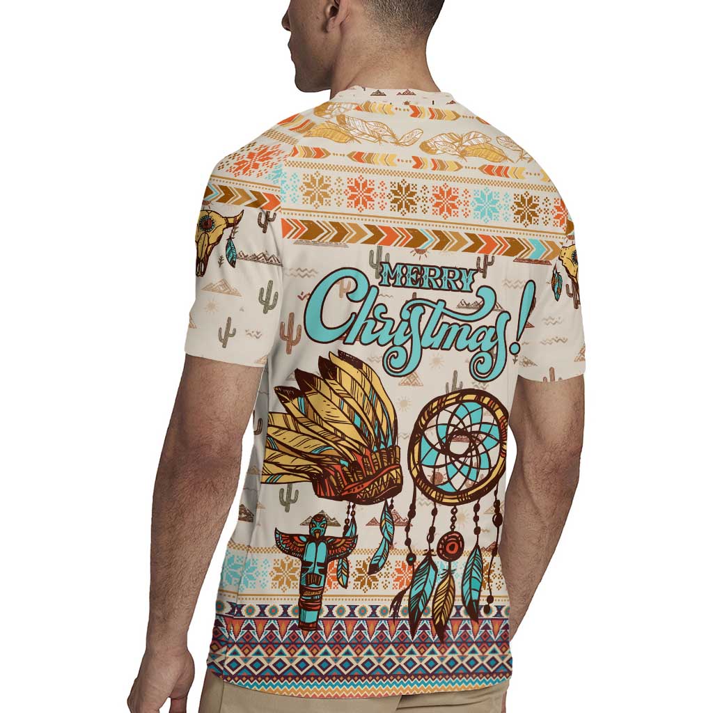 Native American Christmas Rugby Jersey with Beige Tribal Pattern Santa Claus and Dreamcatcher Motif - Wonder Print Shop