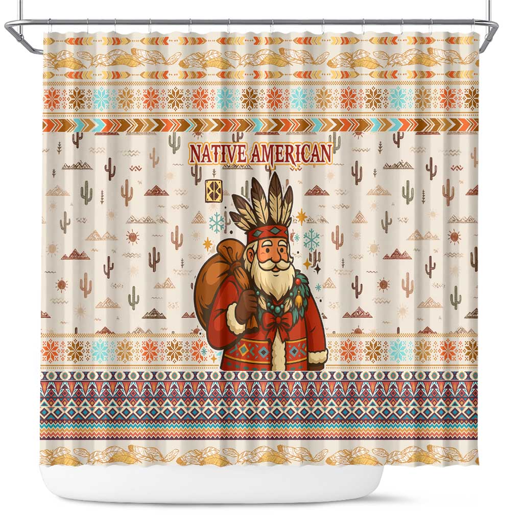 Native American Christmas Shower Curtain with Beige Tribal Pattern Santa Claus and Dreamcatcher Motif - Wonder Print Shop