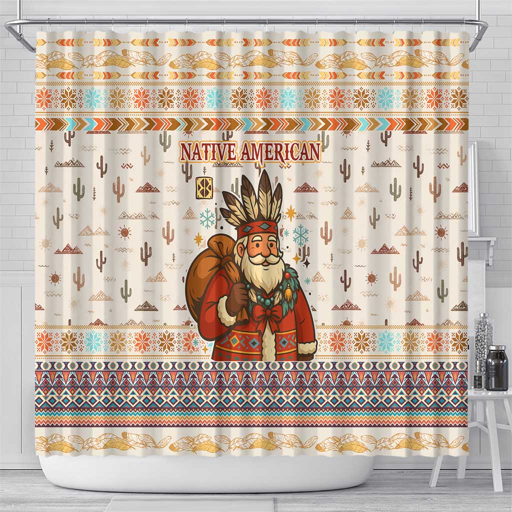 Native American Christmas Shower Curtain with Beige Tribal Pattern Santa Claus and Dreamcatcher Motif - Wonder Print Shop