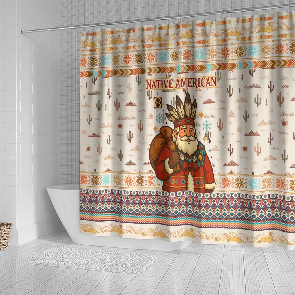 Native American Christmas Shower Curtain with Beige Tribal Pattern Santa Claus and Dreamcatcher Motif - Wonder Print Shop