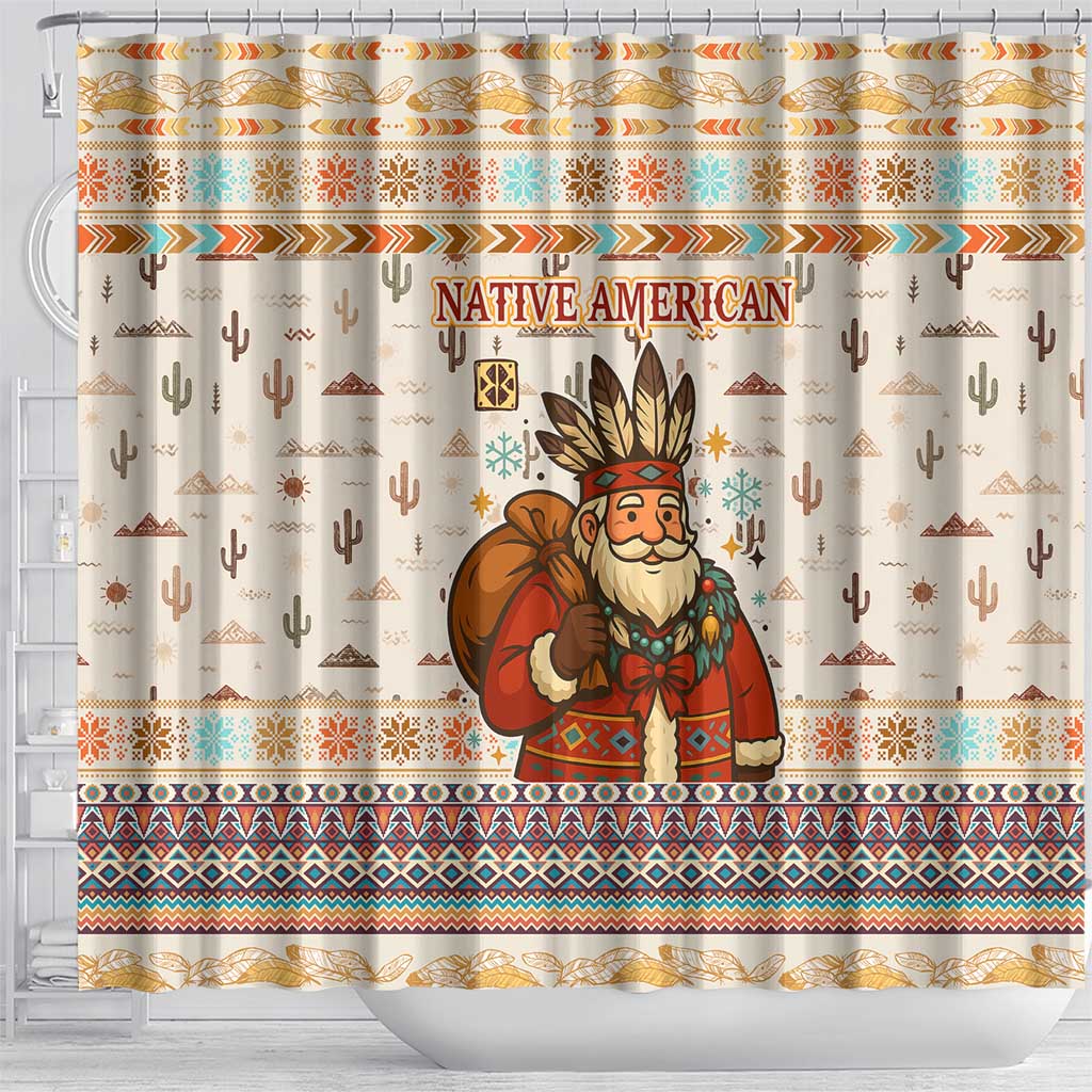 Native American Christmas Shower Curtain with Beige Tribal Pattern Santa Claus and Dreamcatcher Motif - Wonder Print Shop