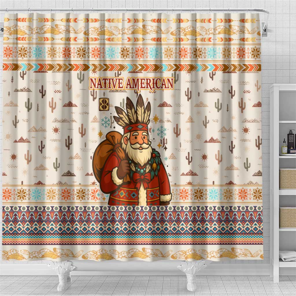 Native American Christmas Shower Curtain with Beige Tribal Pattern Santa Claus and Dreamcatcher Motif - Wonder Print Shop