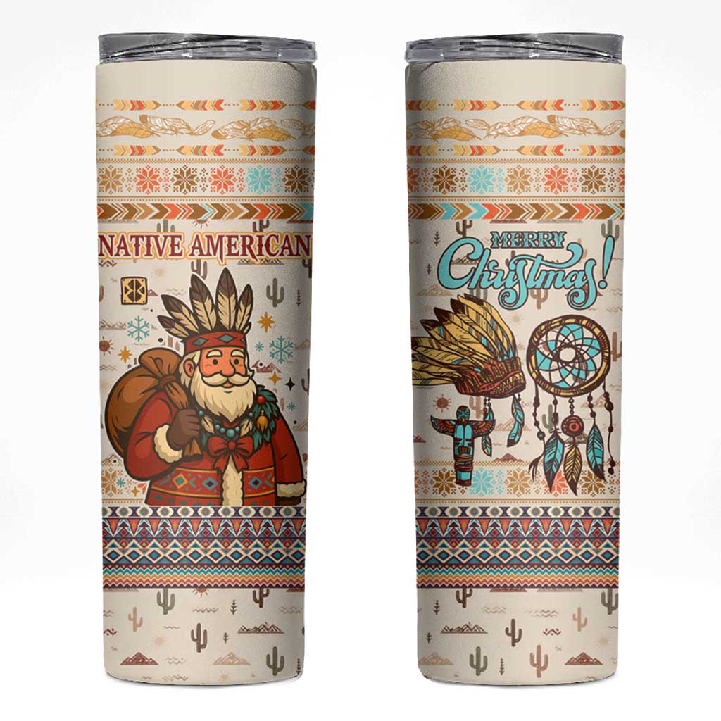 Native American Christmas Skinny Tumbler with Beige Tribal Pattern Santa Claus and Dreamcatcher Motif - Wonder Print Shop