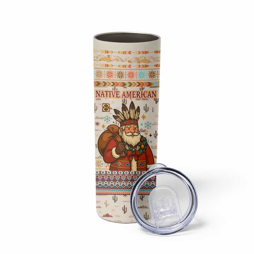 Native American Christmas Skinny Tumbler with Beige Tribal Pattern Santa Claus and Dreamcatcher Motif - Wonder Print Shop