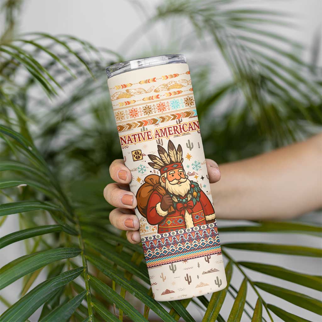 Native American Christmas Skinny Tumbler with Beige Tribal Pattern Santa Claus and Dreamcatcher Motif - Wonder Print Shop