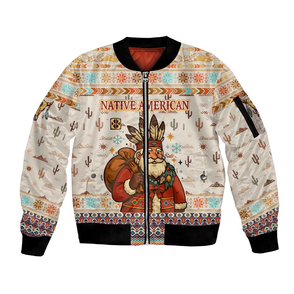Native American Christmas Sleeve Zip Bomber Jacket with Beige Tribal Pattern Santa Claus and Dreamcatcher Motif - Wonder Print Shop