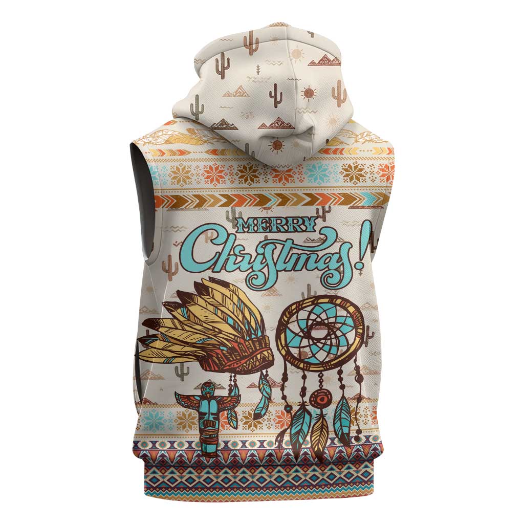 Native American Christmas Sleeveless Hoodie with Beige Tribal Pattern Santa Claus and Dreamcatcher Motif - Wonder Print Shop