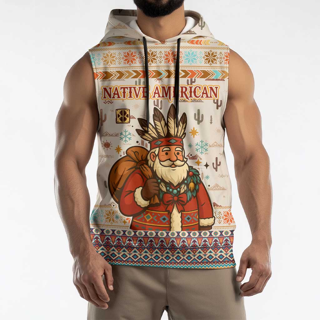Native American Christmas Sleeveless Hoodie with Beige Tribal Pattern Santa Claus and Dreamcatcher Motif - Wonder Print Shop