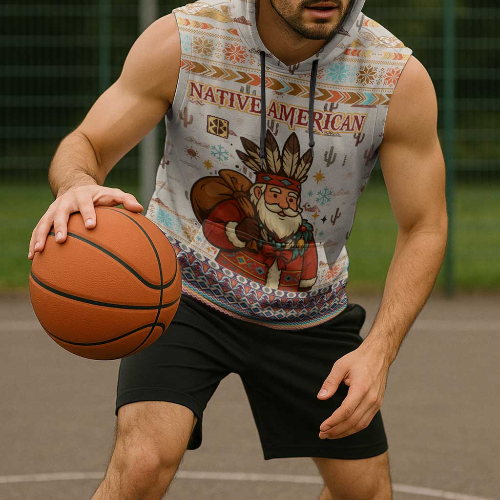 Native American Christmas Sleeveless Hoodie with Beige Tribal Pattern Santa Claus and Dreamcatcher Motif - Wonder Print Shop