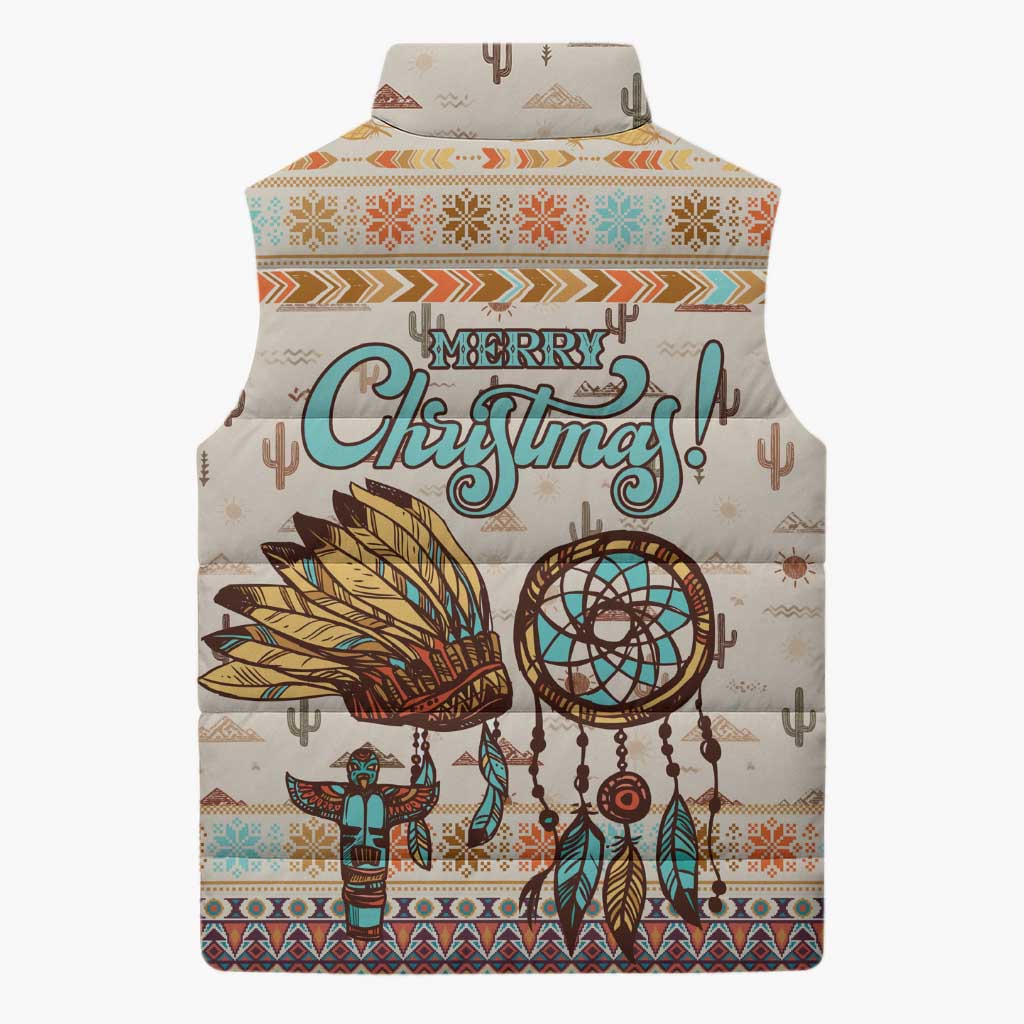 Native American Christmas Sleeveless Puffer Jacket with Beige Tribal Pattern Santa Claus and Dreamcatcher Motif - Wonder Print Shop