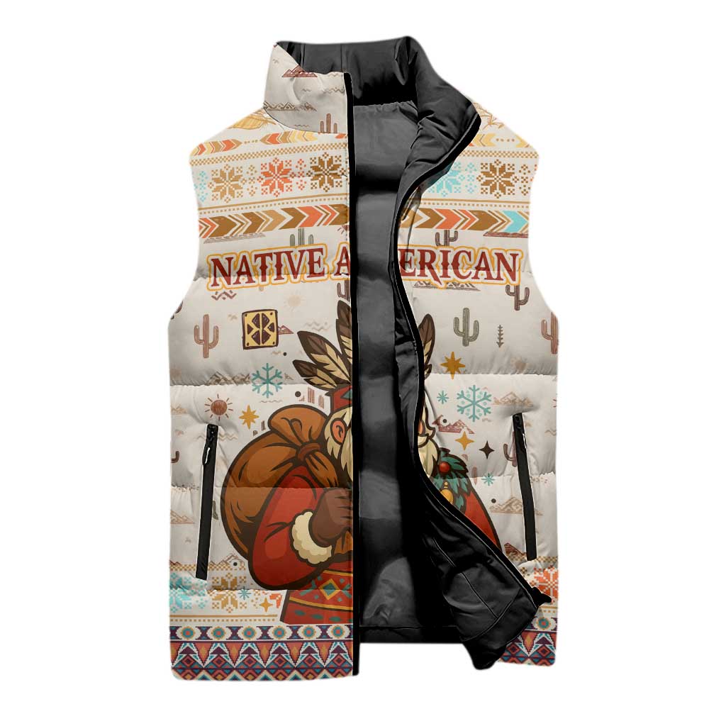 Native American Christmas Sleeveless Puffer Jacket with Beige Tribal Pattern Santa Claus and Dreamcatcher Motif - Wonder Print Shop