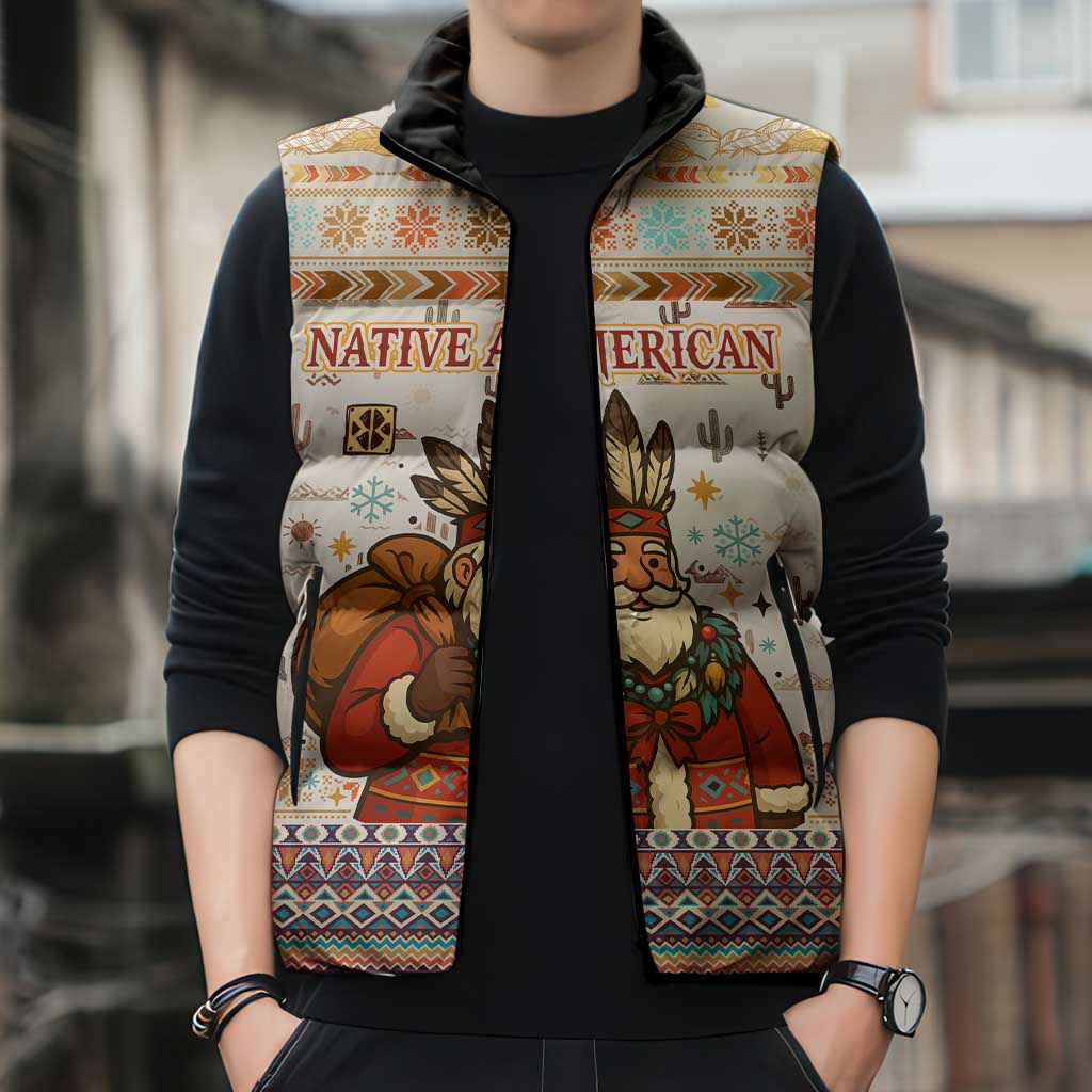 Native American Christmas Sleeveless Puffer Jacket with Beige Tribal Pattern Santa Claus and Dreamcatcher Motif - Wonder Print Shop