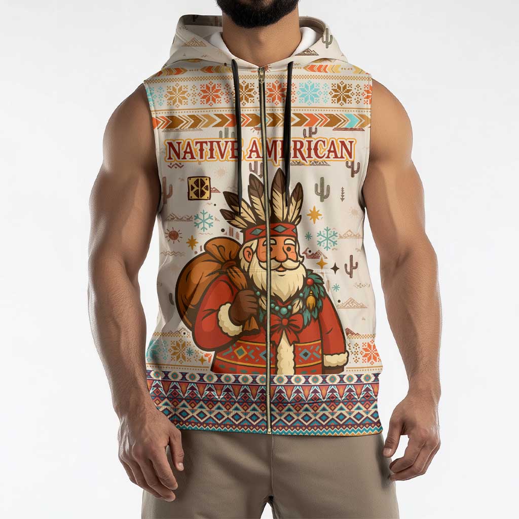 Native American Christmas Sleeveless Zip Hoodie with Beige Tribal Pattern Santa Claus and Dreamcatcher Motif - Wonder Print Shop